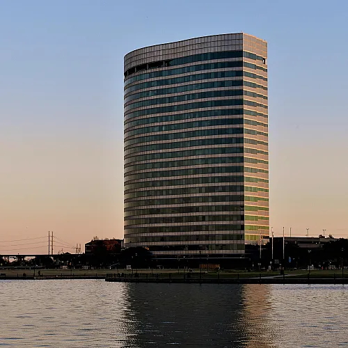 A building in Irving, TX, at sunset