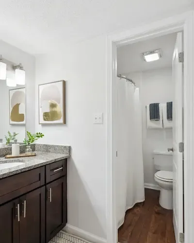 Elegant bathroom with modern lighting and granite countertop adjacent to a serene bedroom with sunlight streaming through large windows.