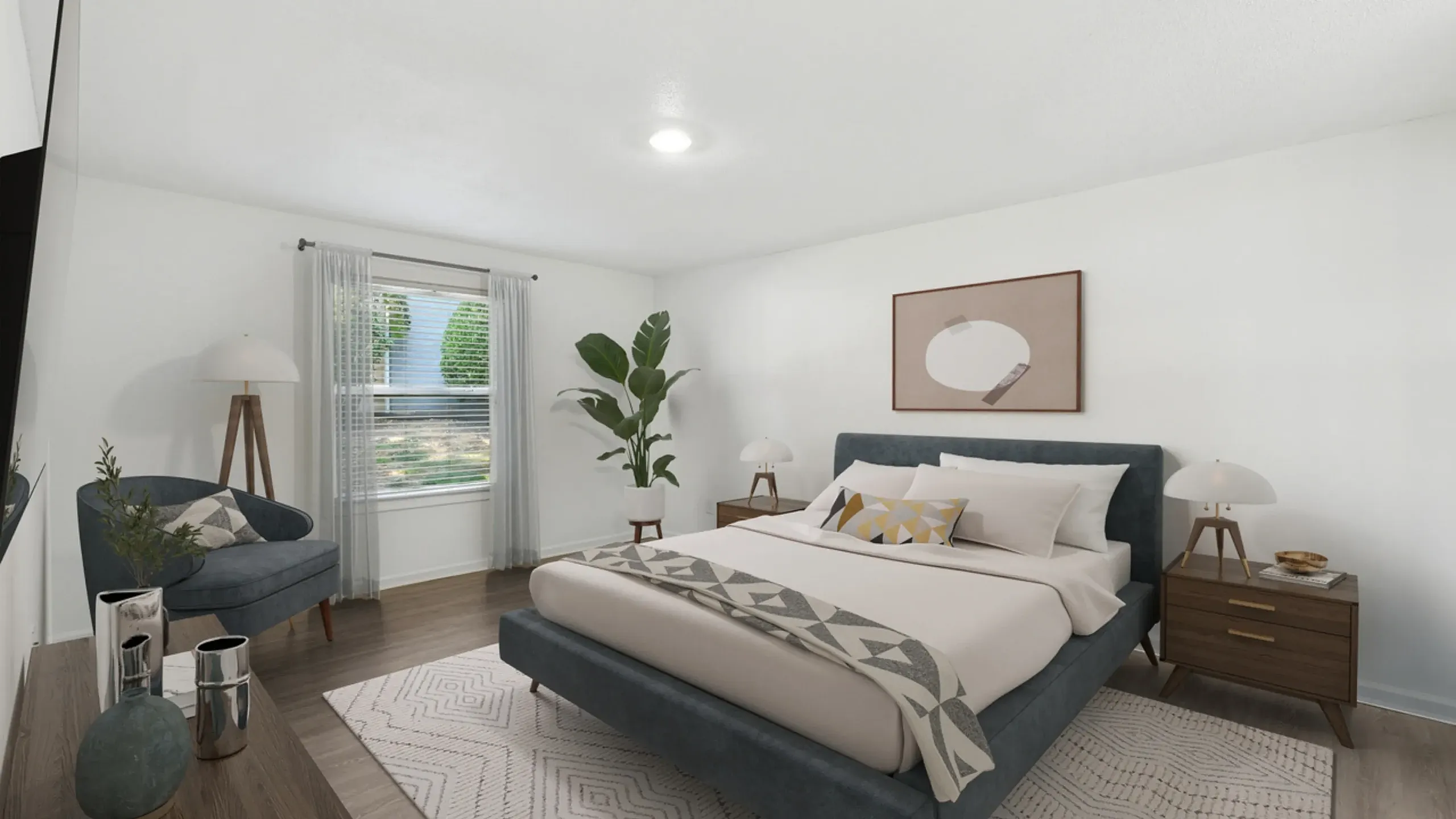 Bright and airy bedroom with a modern design, featuring a cozy bed, stylish decor, and a large window with a scenic view.