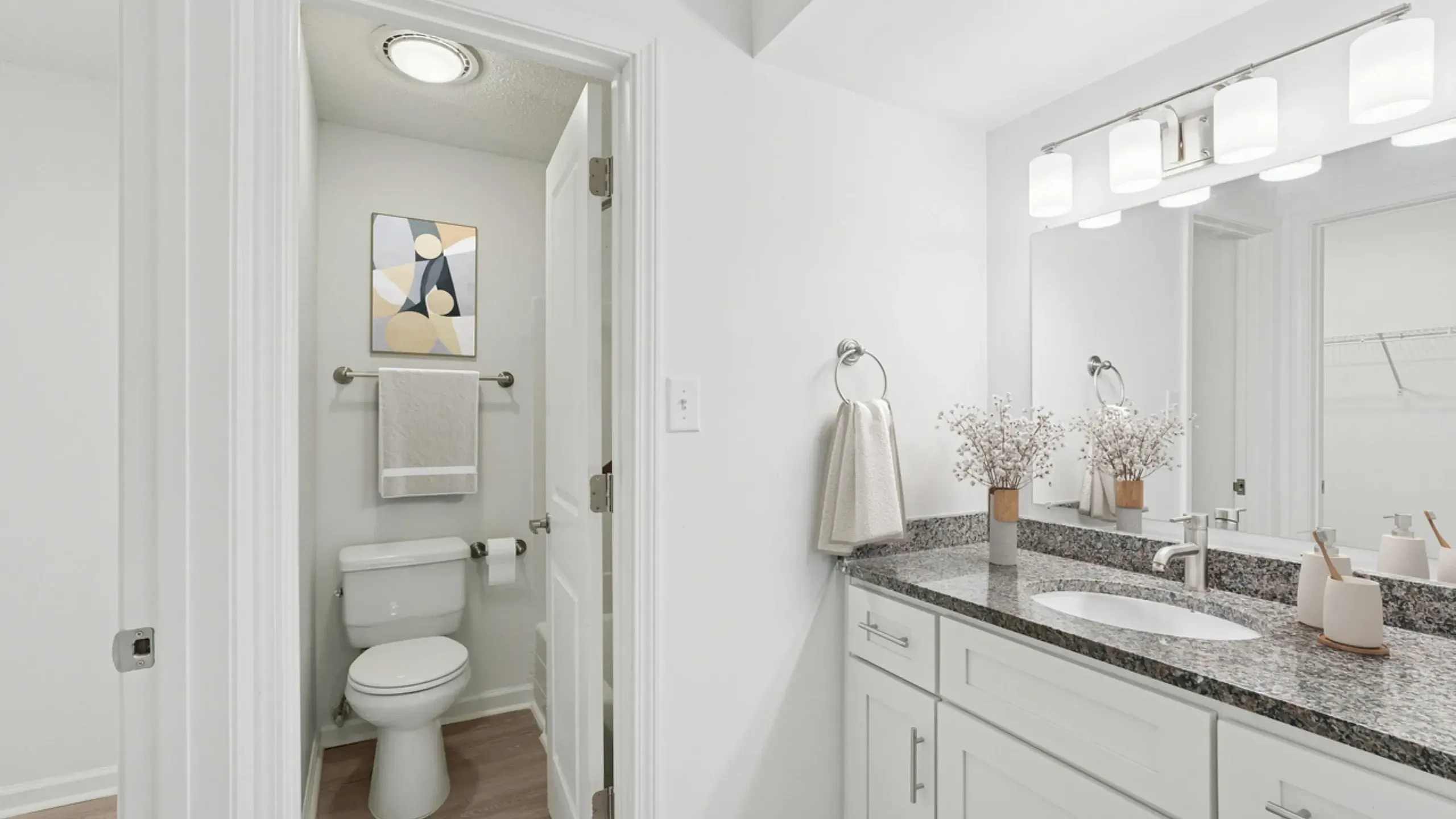 Modern bathroom with elegant granite countertop, stylish vanity lighting, white cabinetry, and contemporary decor.