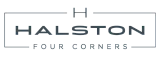 Halston Four Corners logo in sleek, modern font featuring stylish horizontal lines.