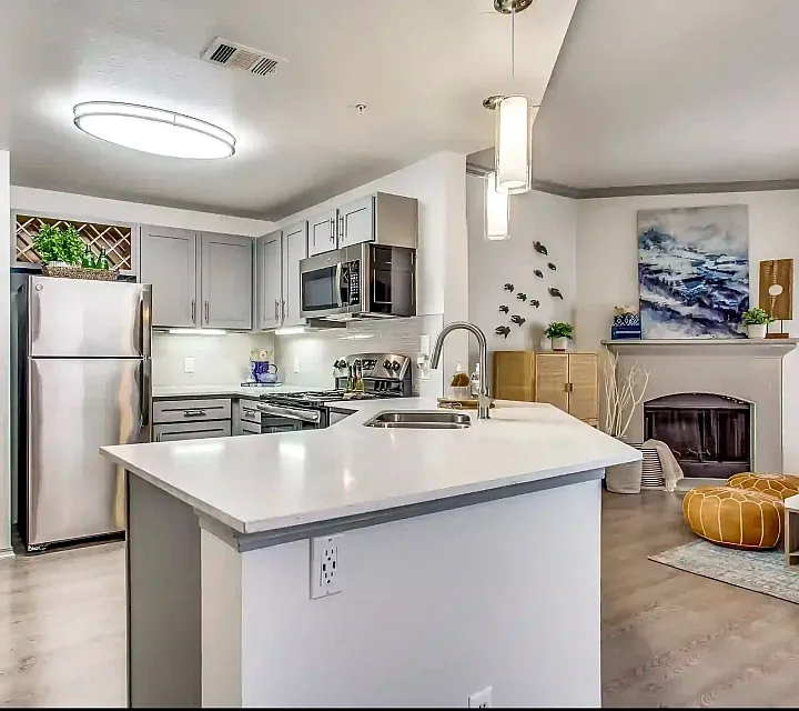 Modern apartment kitchen and living room with stainless steel appliances, sleek grey cabinetry, and a cozy fireplace, accented by stylish decor and natural light.