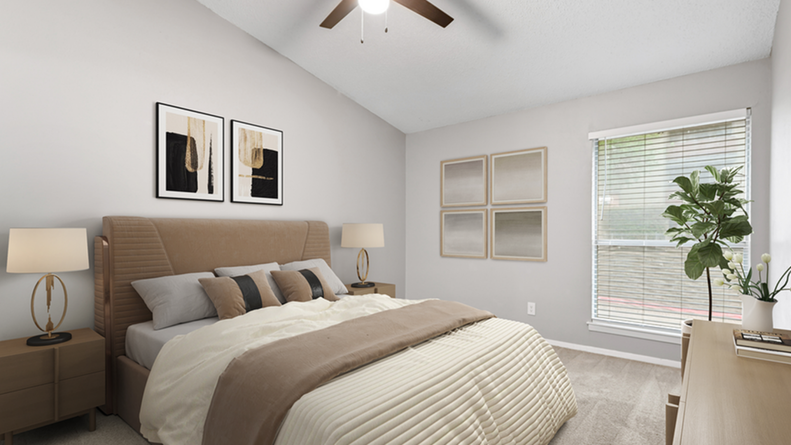 Inviting bedroom with plush bedding, modern decor, and large window providing natural light.