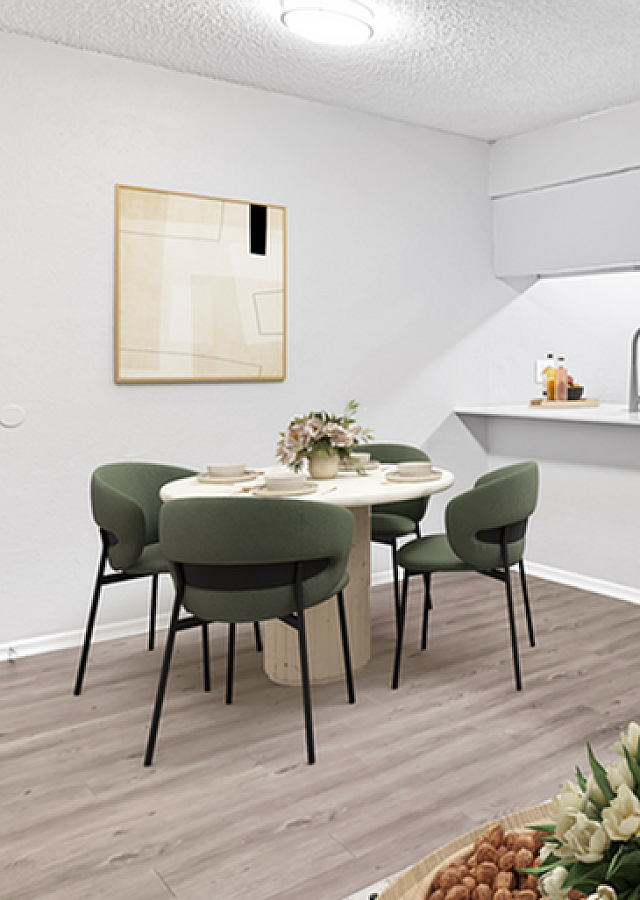 Modern apartment interior showcasing an open living and dining area with a sleek kitchen, stylish furniture, and contemporary d&eacute;cor.