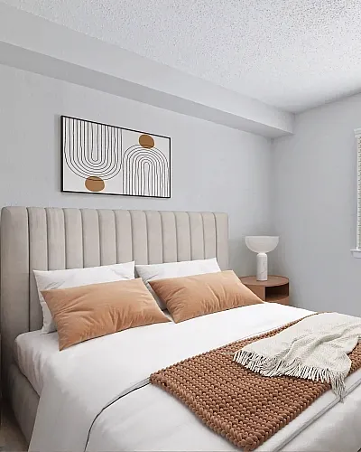 Bed, wall art, and side table