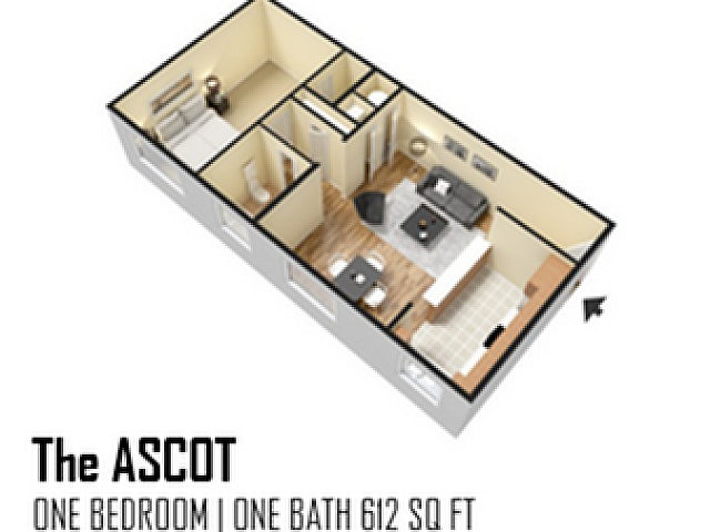 Explore diverse 3D floor plans showcasing elegant living spaces: The Ascot, a cozy 1 bed 1 bath at 612 sq ft; The Belmont, a spacious 2 bed 2 bath at 1060 sq ft; The Bradford, an expansive 2 bed 2 bath covering 1125 sq ft; The Biltmore, a grand 2 bed 2 bath at 1225 sq ft. Perfect for modern living.