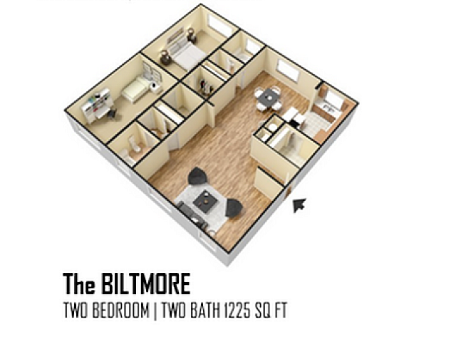 Inviting floor plans showcasing The Ascot's cozy 1 bed, 1 bath layout; The Belmont's spacious 2 bed, 2 bath design; The Bradford's expansive 2 bed, 2 bath arrangement; and The Biltmore's luxurious 2 bed, 2 bath setup with generous living spaces.