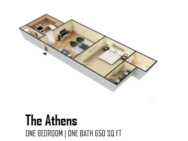 Explore diverse floor plans: The Athens and The Addison, each a stylish one-bedroom, one-bath layout spanning 650 sq ft, plus The Ashford's spacious one-bedroom, one-bath design of 800 sq ft, and The Brunswick's elegant two-bedroom, two-bath expanse of 1230 sq ft.