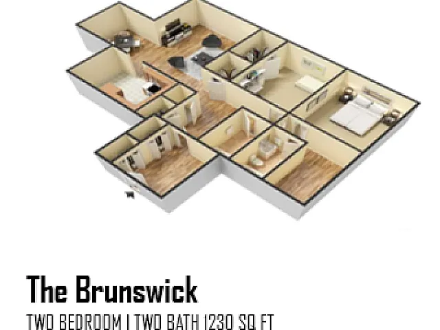 Modern 3D floor plan of The Brunswick featuring two spacious bedrooms, elegant kitchen, and two luxurious bathrooms across 1230 sq ft.
