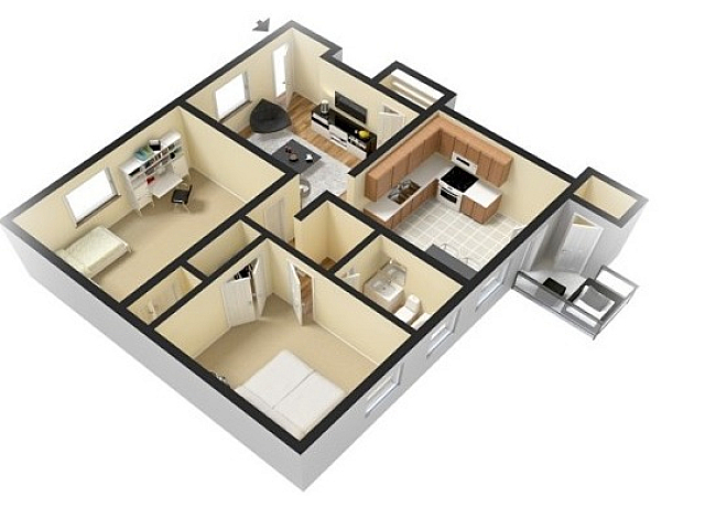 Modern 3D floor plan showcasing 2 cozy bedrooms, a sleek kitchen, and a welcoming living room with access to outdoor space.