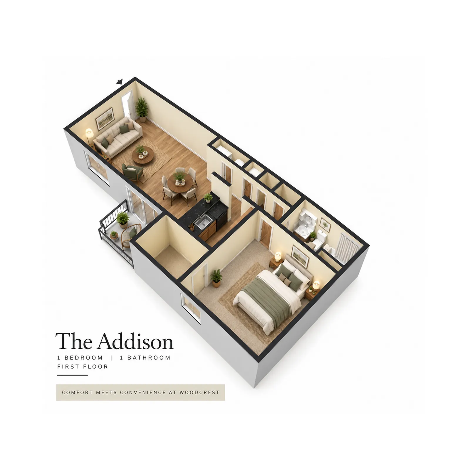 The Addison floor plan showcasing a modern 1-bedroom, 1-bathroom layout with an open living area and stylish kitchen, perfect for comfortable living at Woodcrest.
