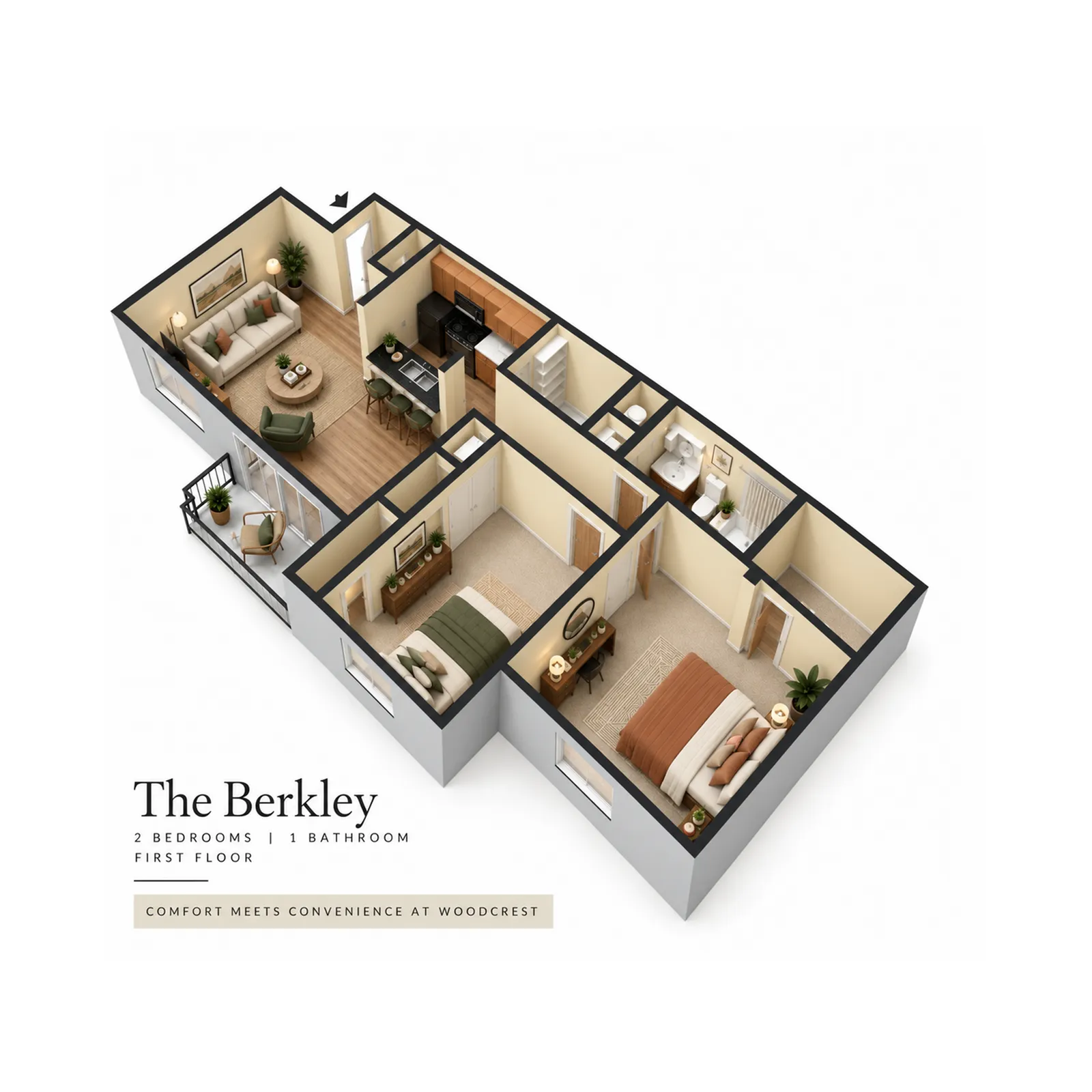 The Berkley 3D floor plan showcasing 2 bedrooms, inviting living area, modern kitchen, and convenient bathroom on the first floor. Comfort meets convenience at Woodcrest.
