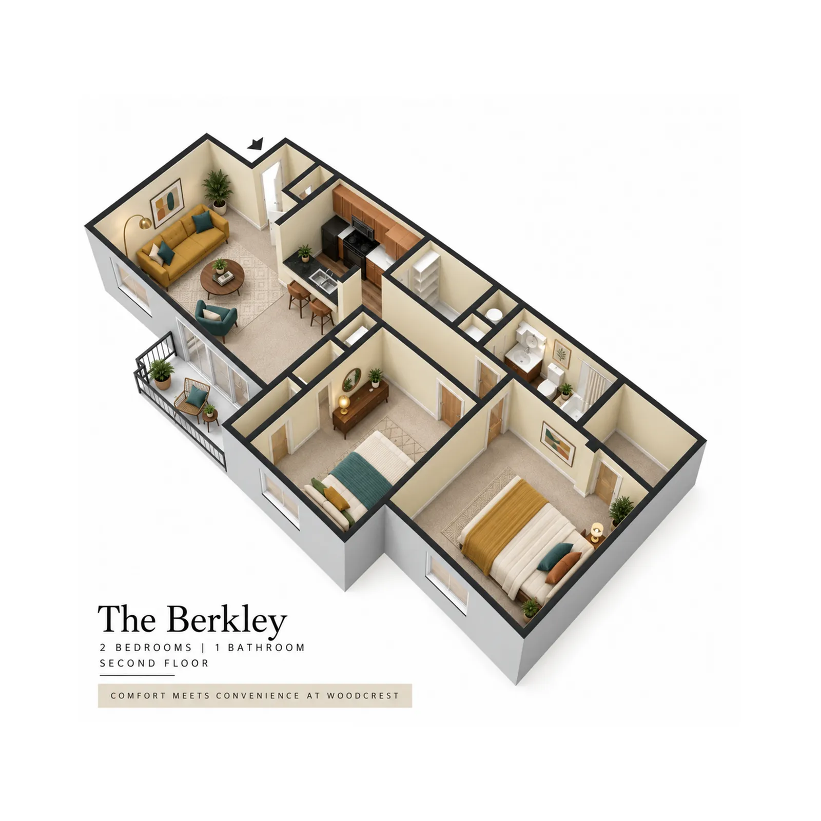 The Berkley stylish 3D floor plan showcasing 2 bedrooms, 1 bathroom, and an elegant open-concept living space with a cozy balcony. Located on the second floor, offering comfort and convenience at Woodcrest.