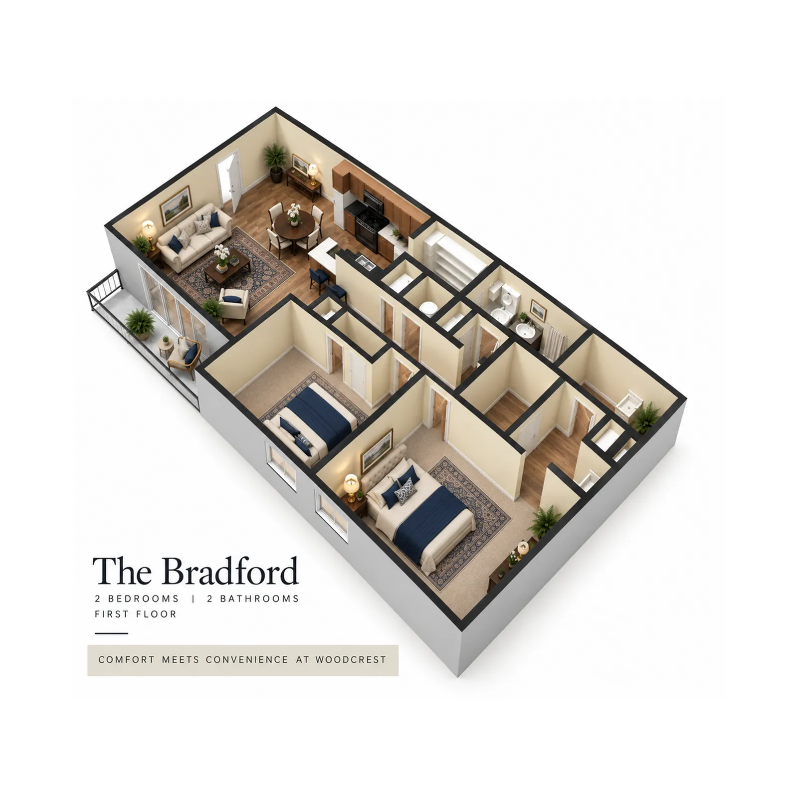 The Bradford apartment 3D floor plan features 2 spacious bedrooms, 2 modern bathrooms, an elegant living area, and a functional kitchen. Enjoy the convenience of first-floor living with style at Woodcrest.