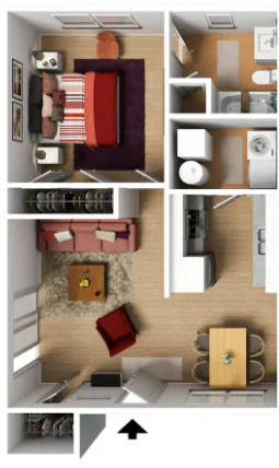 Charming apartment layout showcasing a cozy bedroom, modern bathroom, open-concept living area, and a sleek kitchen with dining space.
