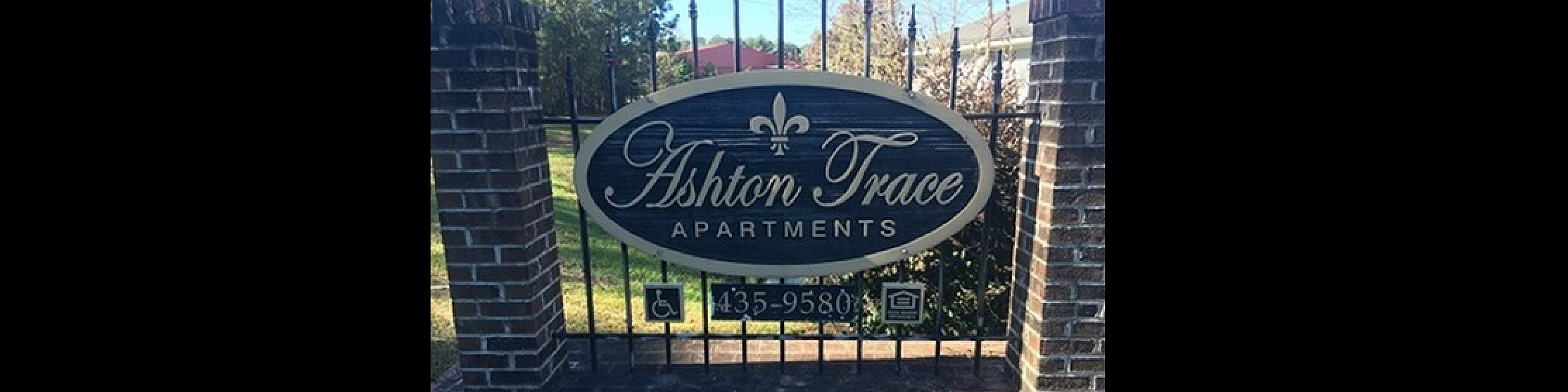 Charming entrance sign for Ashton Trace Apartments, featuring elegant typography and decorative design amidst a lush green backdrop.