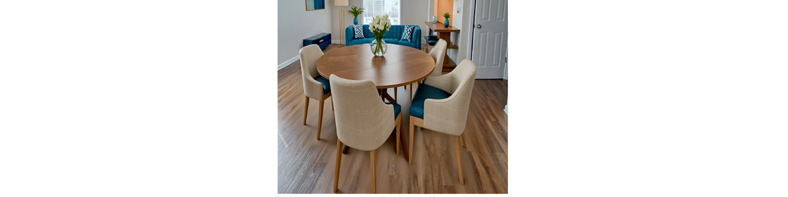 Charming dining room with a round wooden table, modern chairs, and elegant decor, seamlessly connected to a cozy living area with stylish chairs and natural light.