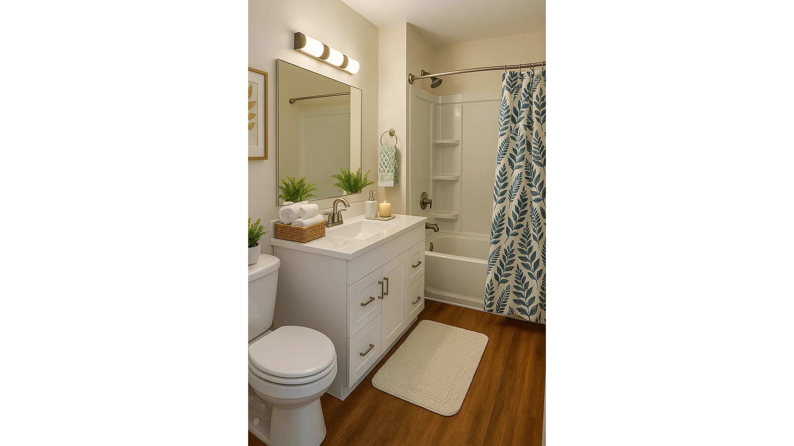 Elegant bathroom with modern vanity, stylish lighting, and a cozy bathtub adorned with a botanical shower curtain.