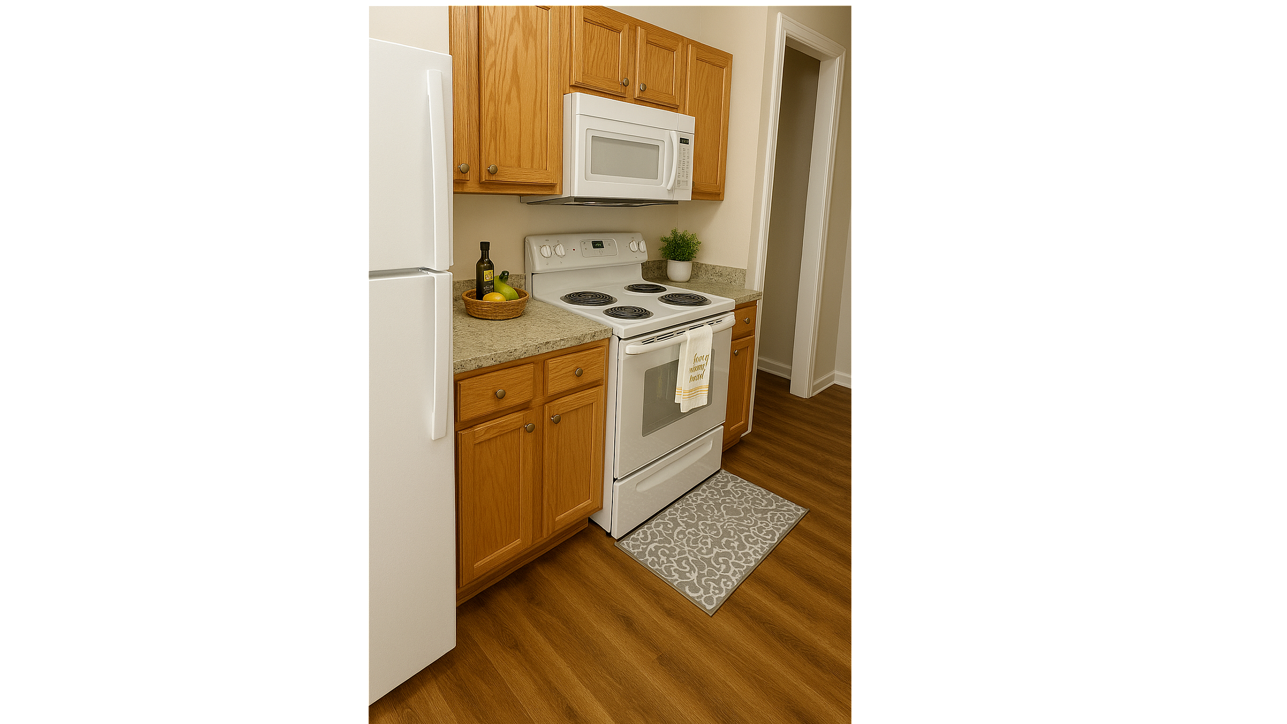 Charming kitchen with modern white appliances, elegant wood cabinetry, and a cozy ambiance.