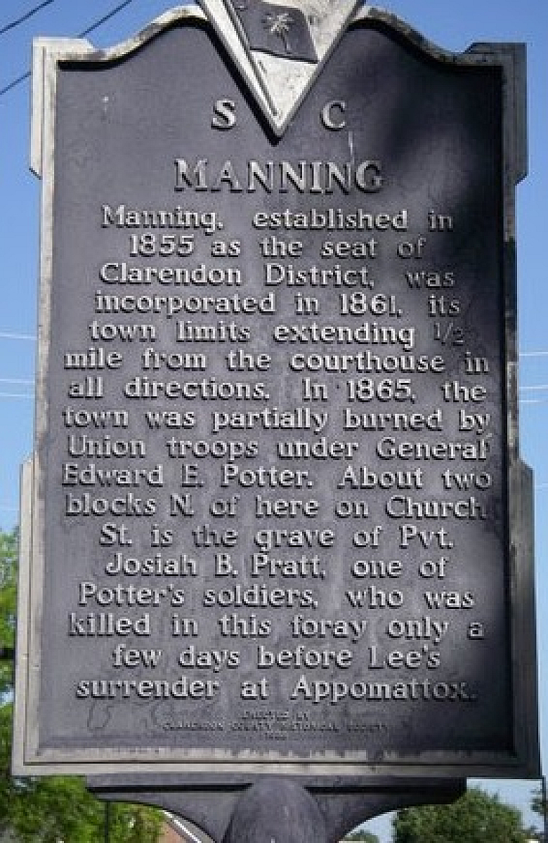 Historic marker in Manning, SC, detailing the town's rich history and connection to the Civil War.