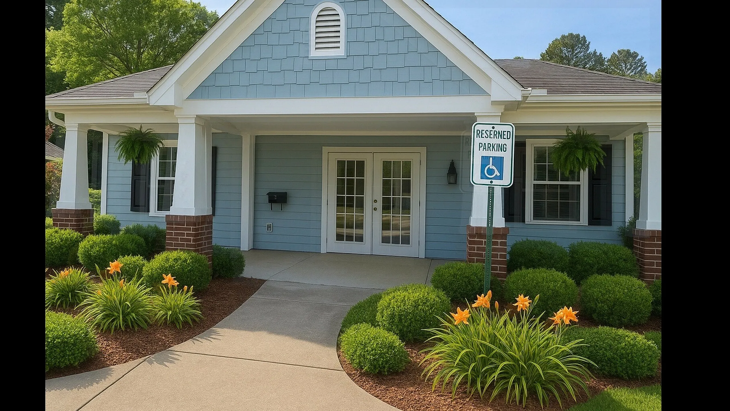 Charming blue cottage with a welcoming front porch, lush greenery, and vibrant flowers, perfect for peaceful living.