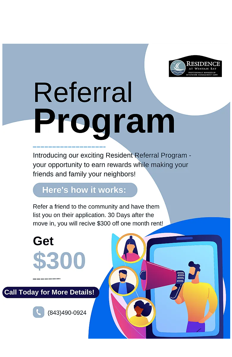 Eye-catching referral program flyer offering $300 for new resident referrals at Residence at Winyah Bay, featuring a vibrant design with illustration and contact details.