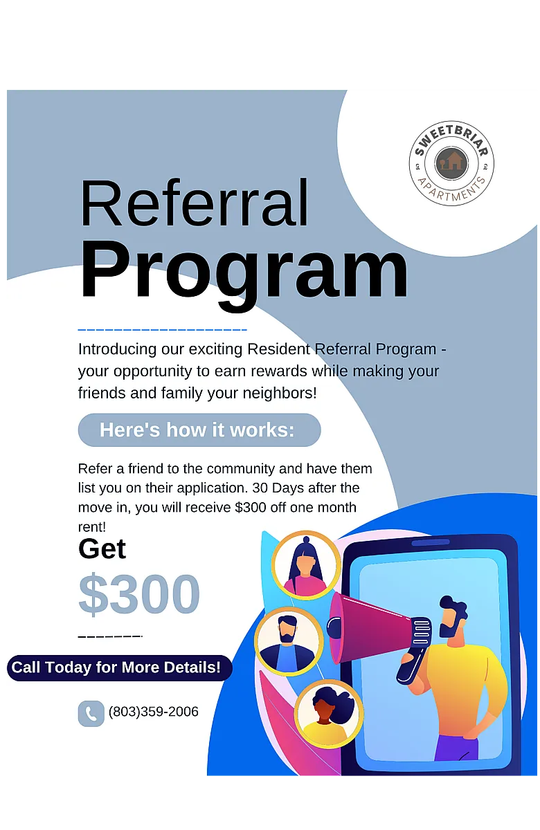 Exciting referral program flyer for Sweetbriar Apartments offering $300 rewards for referring friends. Features vibrant design with illustrations of people and a smartphone.