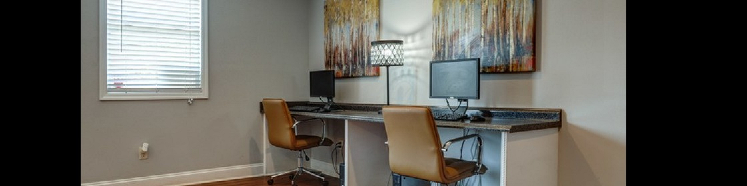 Modern home office with two workstations, sleek wooden flooring, and vibrant artwork for a productive atmosphere.