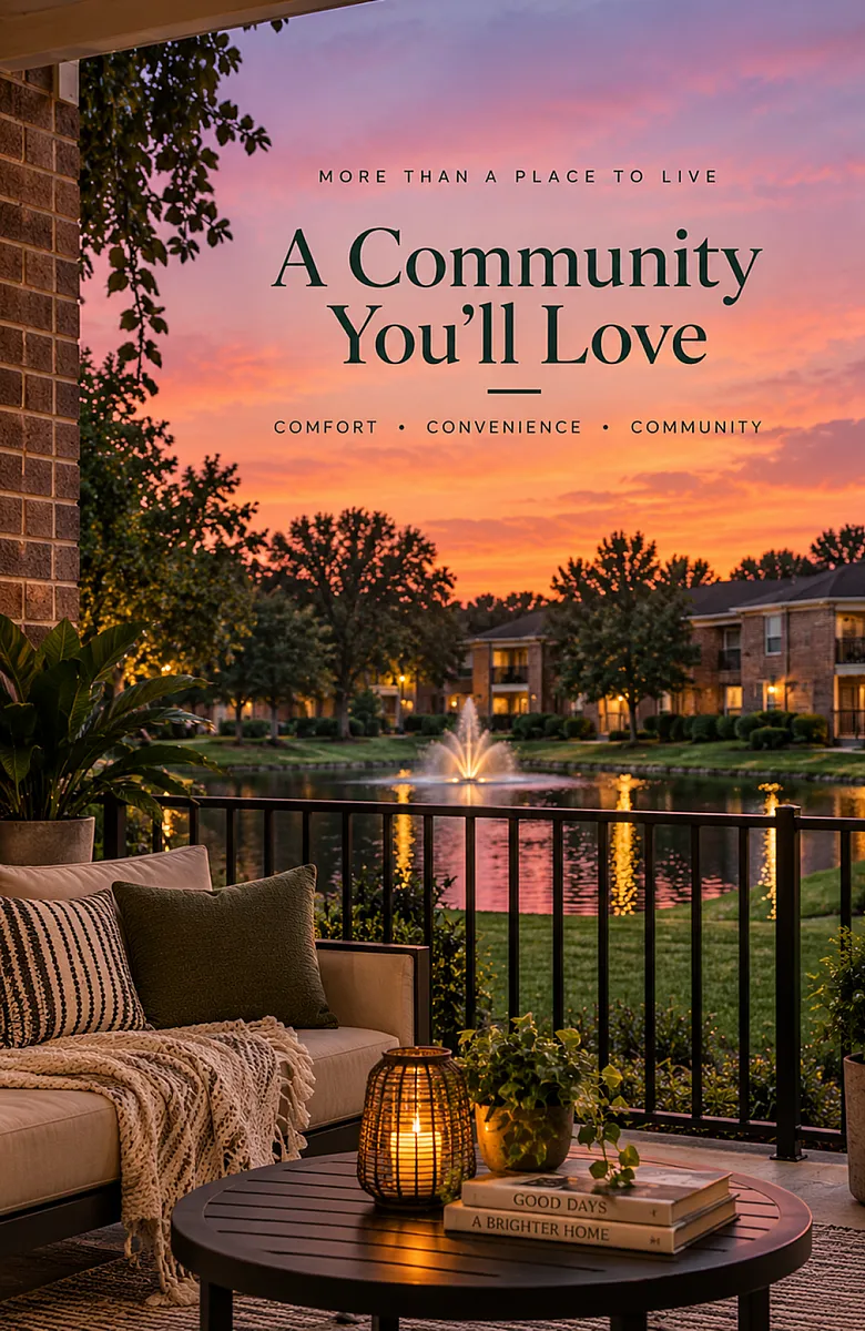 Serene community living with a tranquil lakeside view at sunset, cozy patio seating, and ambient lighting.
