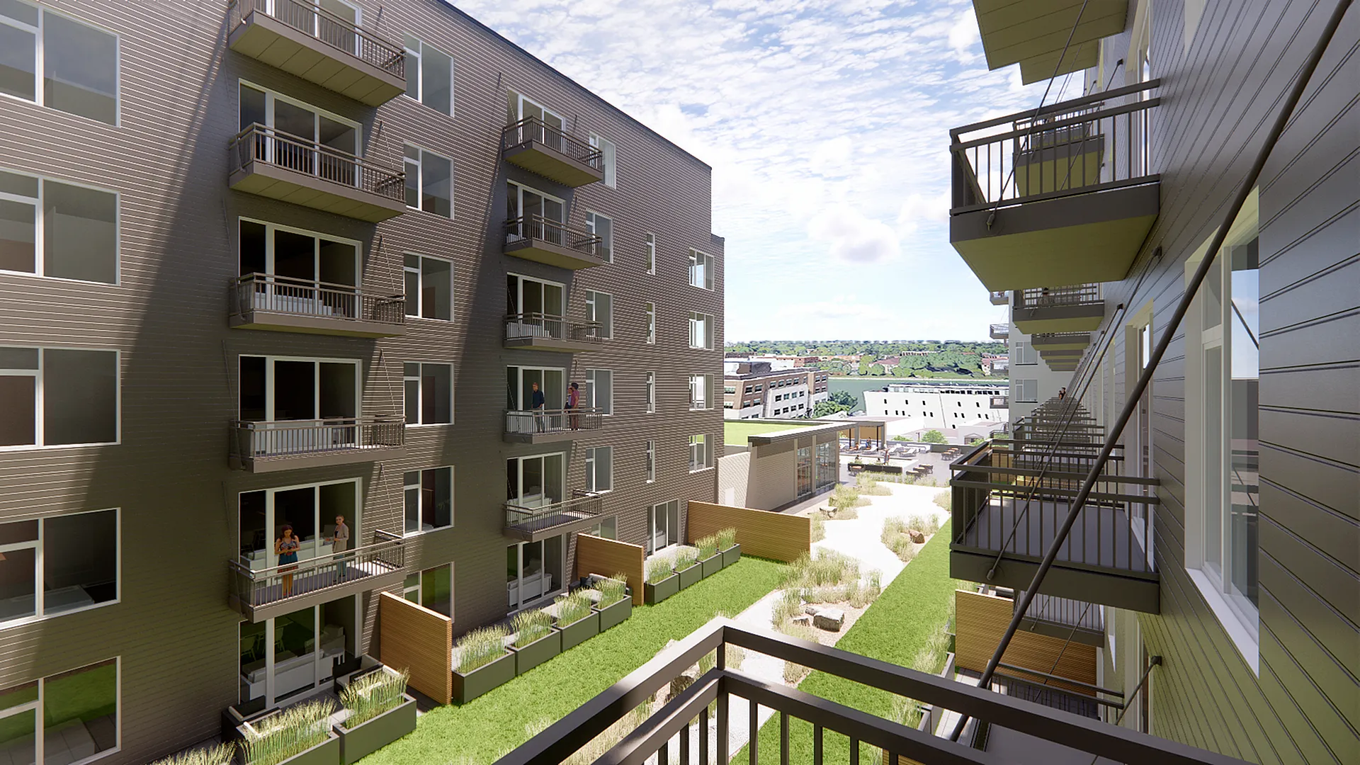 Modern apartment complex with private balconies, lush greenery, and vibrant social spaces, offering an inviting urban living experience.