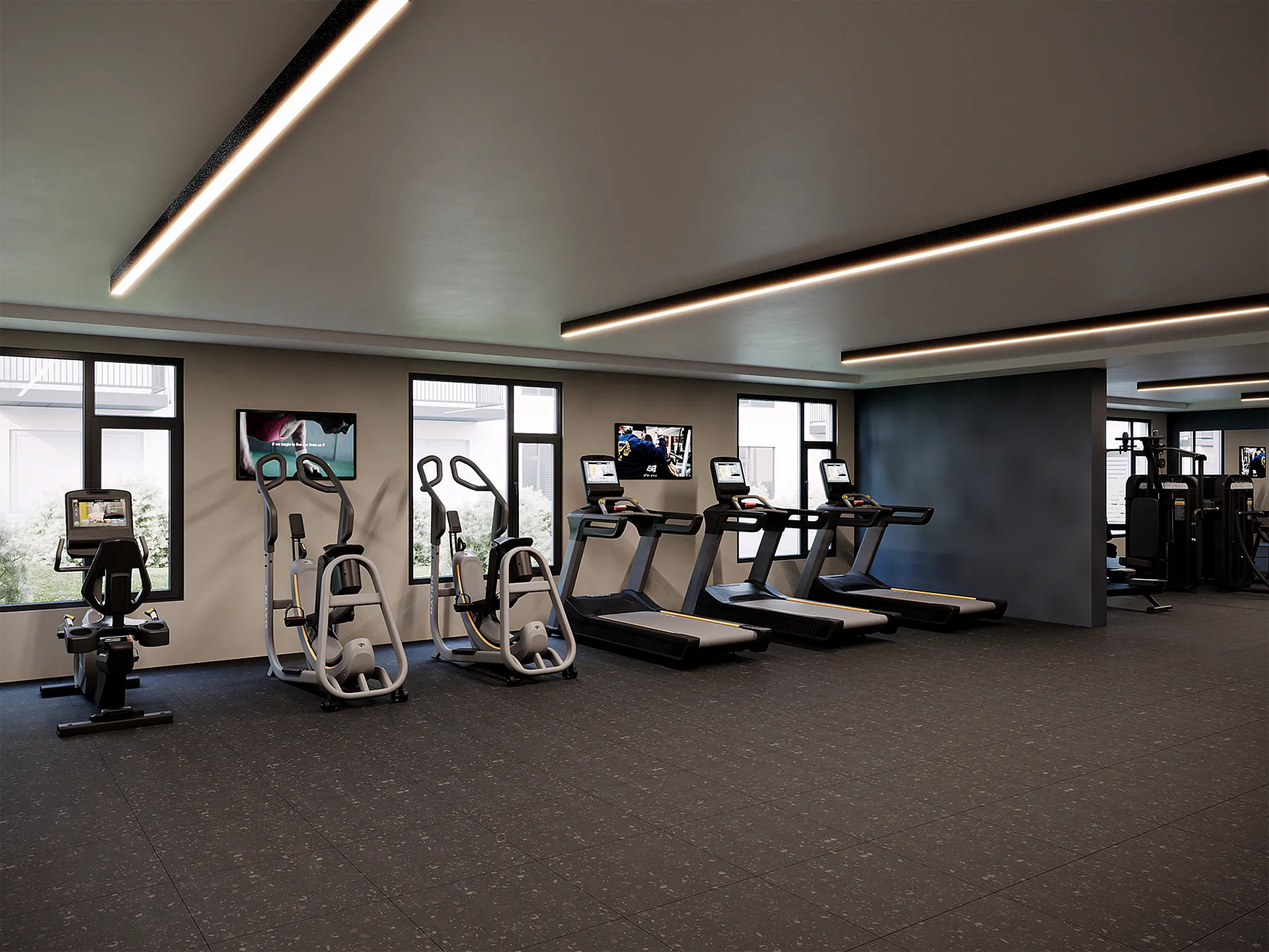 Modern fitness center with state-of-the-art equipment, featuring treadmills, exercise bikes, and large windows for natural light.