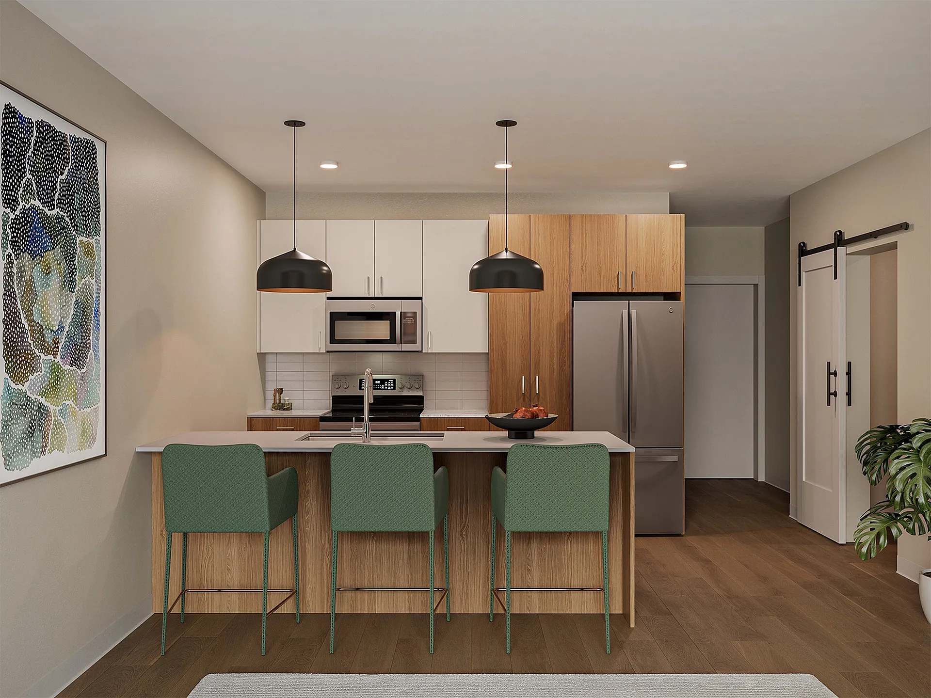 Modern kitchen with sleek appliances, stylish pendant lights, and cozy bar seating for a contemporary living experience.