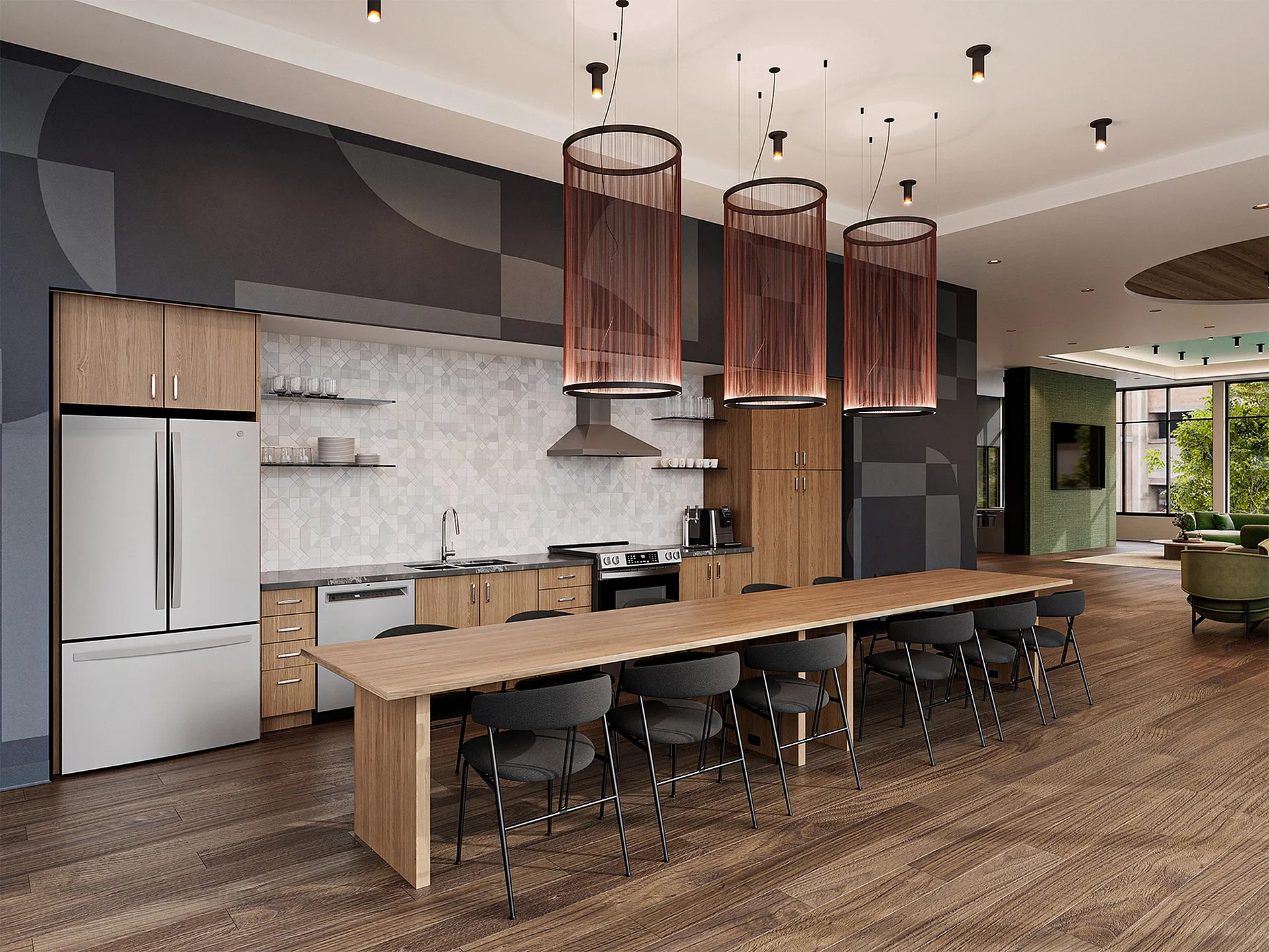 Modern open-concept kitchen and dining area featuring sleek wooden cabinetry, stylish seating, and contemporary lighting.