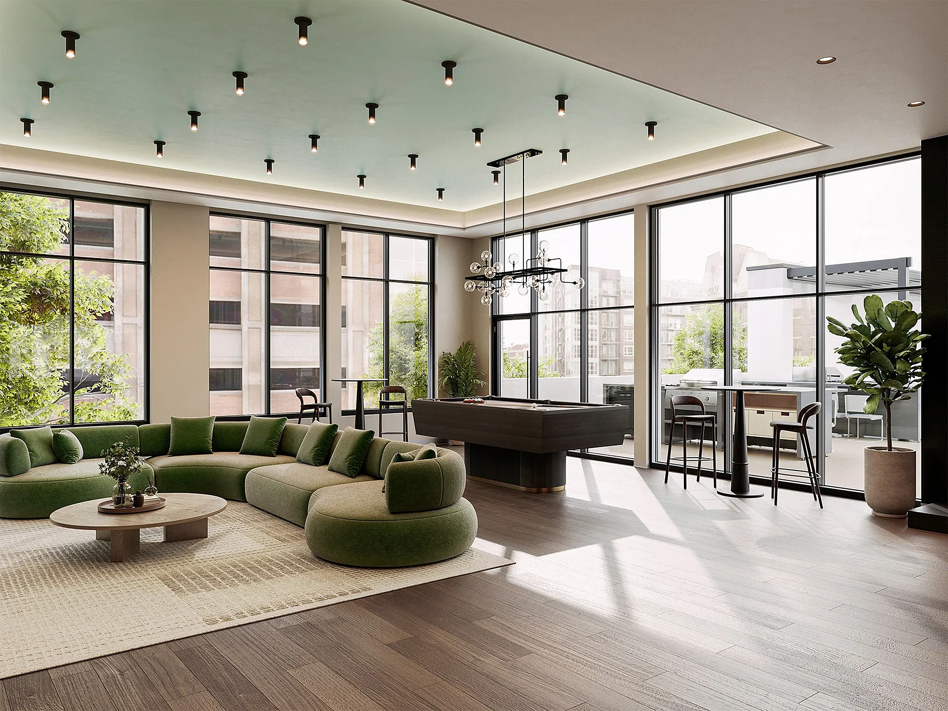 Elegant living space with green sectional sofa, modern lighting, and floor-to-ceiling windows overlooking city view.