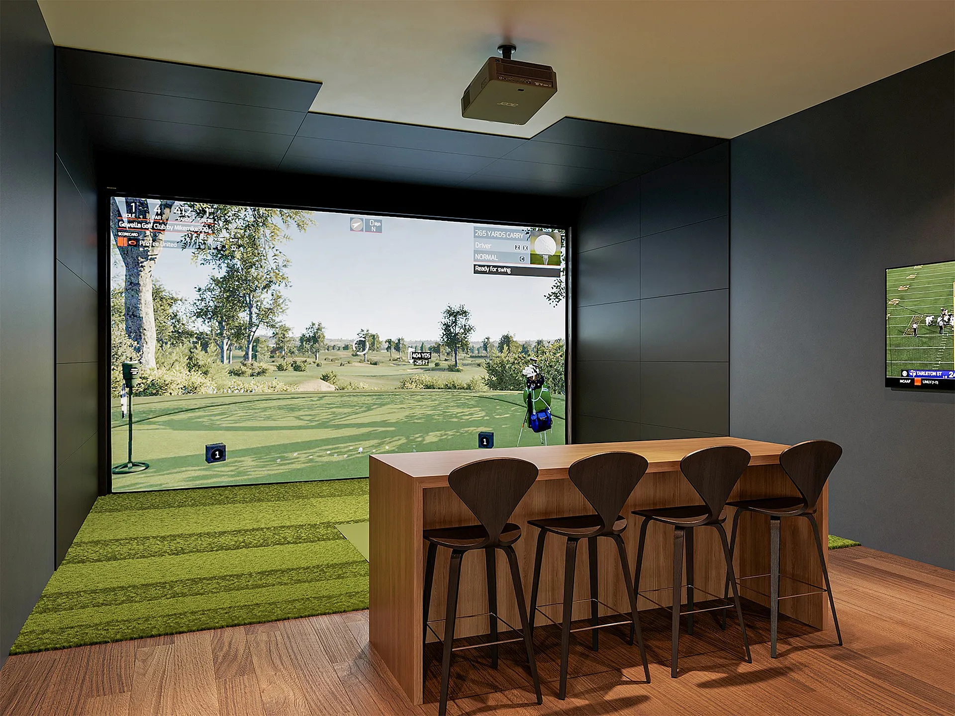 Luxurious in-home golf simulator room with sleek bar seating, offering a premium entertainment experience.