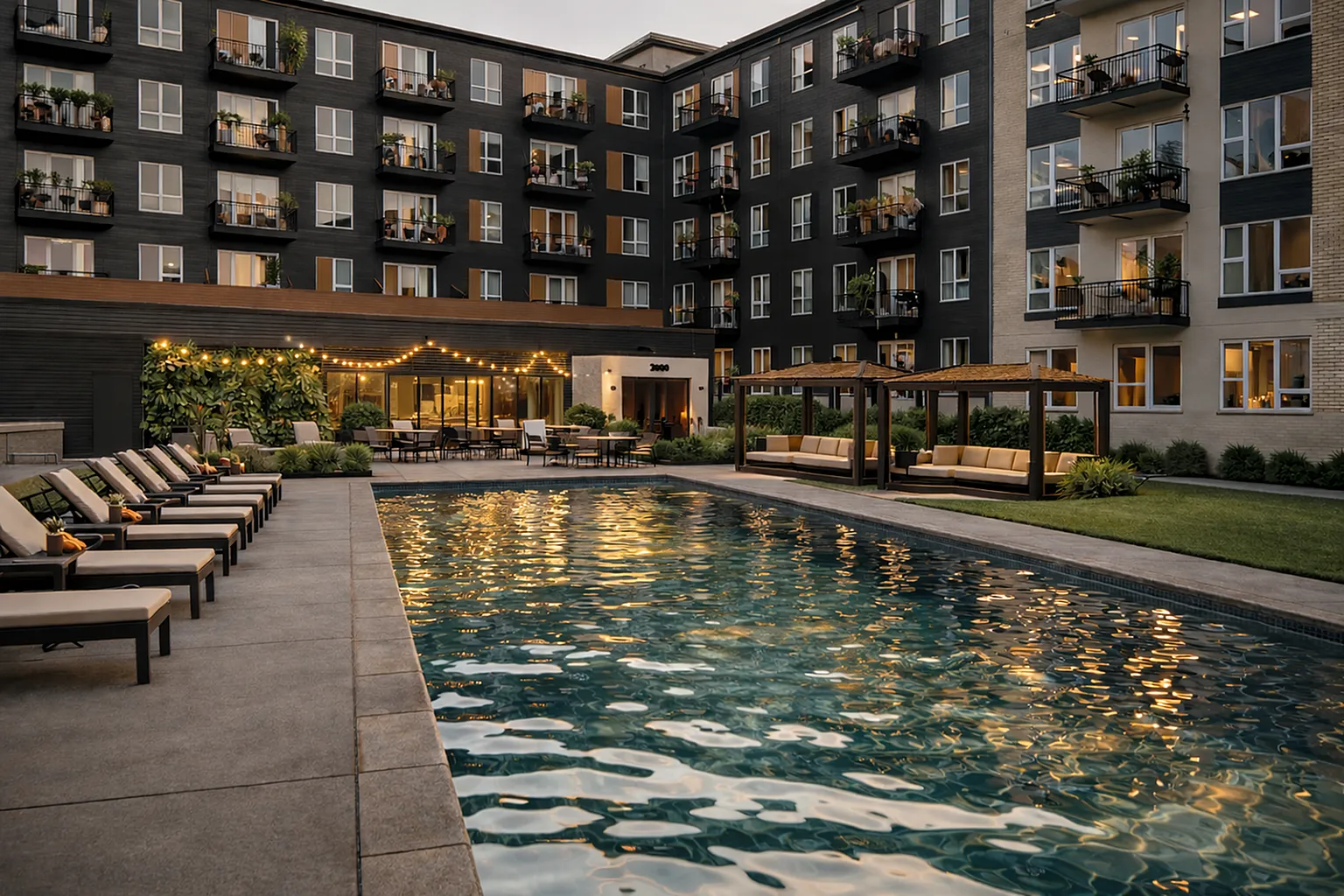 Elegant apartment complex featuring a sparkling outdoor pool, lush greenery, and cozy lounge areas with ambient lighting.