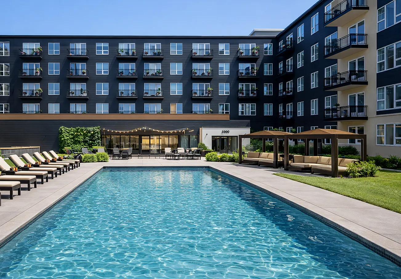 Luxurious apartment complex with a sparkling pool, stylish lounging areas, and modern architecture, perfect for a vibrant lifestyle.