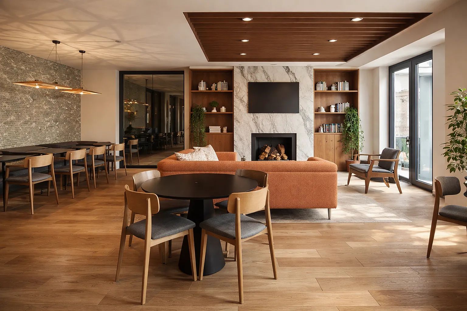 Elegant and modern living area with a cozy fireplace, plush orange sofa, wooden bookshelves, and chic dining space.