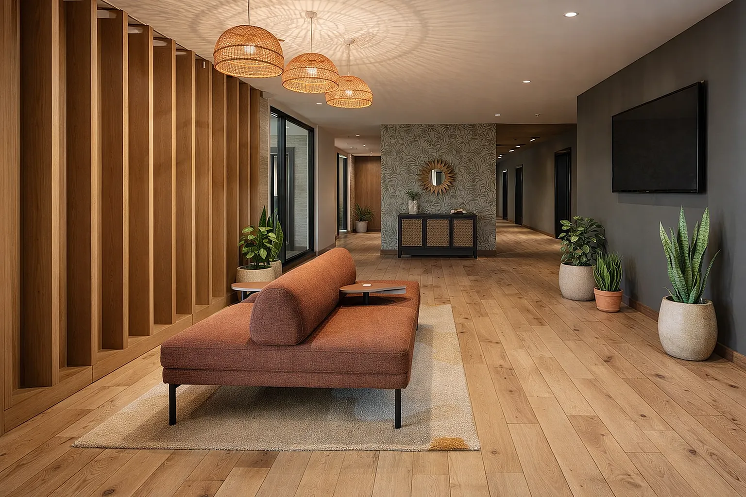 Elegant apartment lobby with chic wooden accents, cozy seating, lush greenery, and stylish pendant lighting.