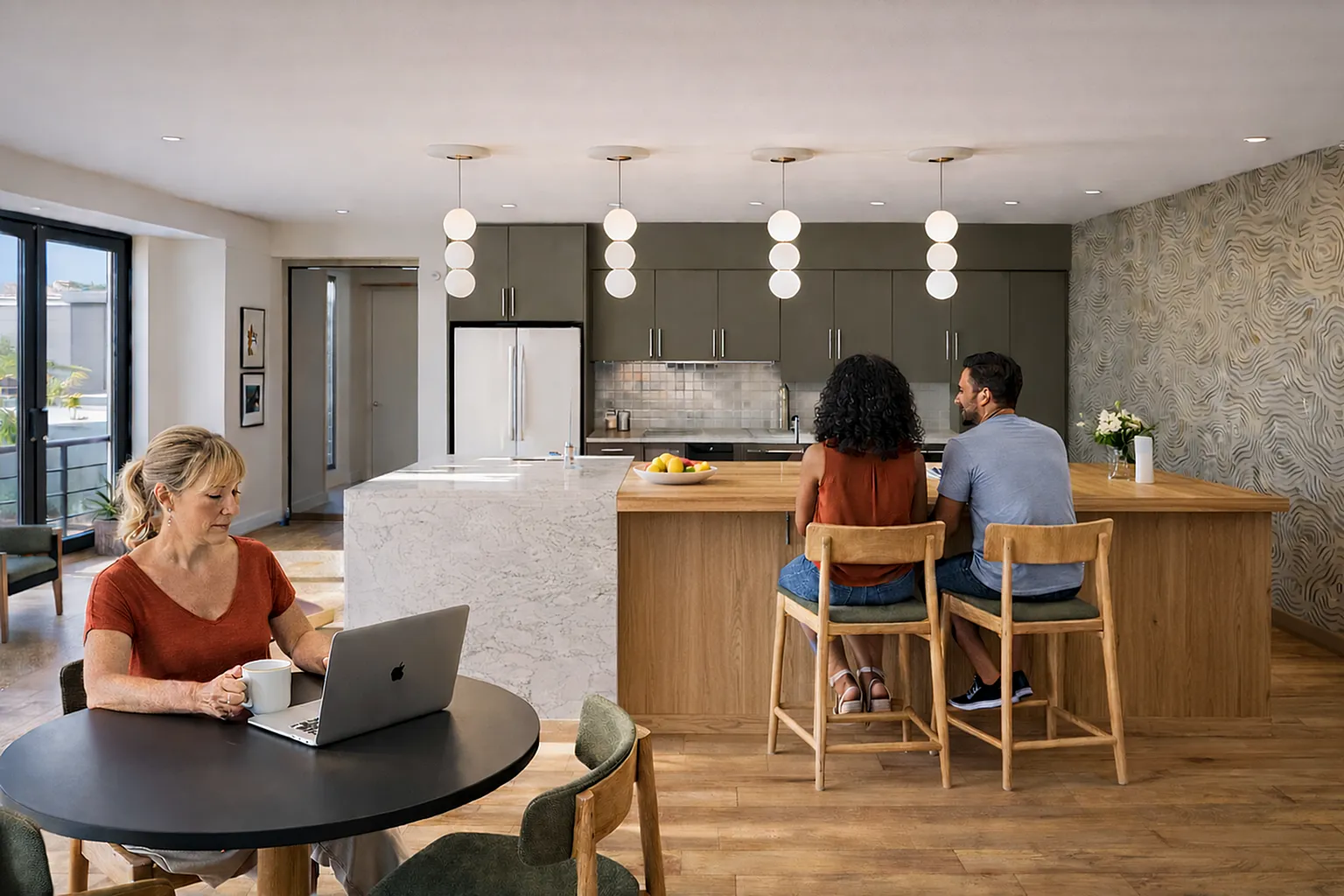Modern kitchen and dining area featuring elegant pendant lighting, a marble island with wooden accents, and people enjoying the stylish space.
