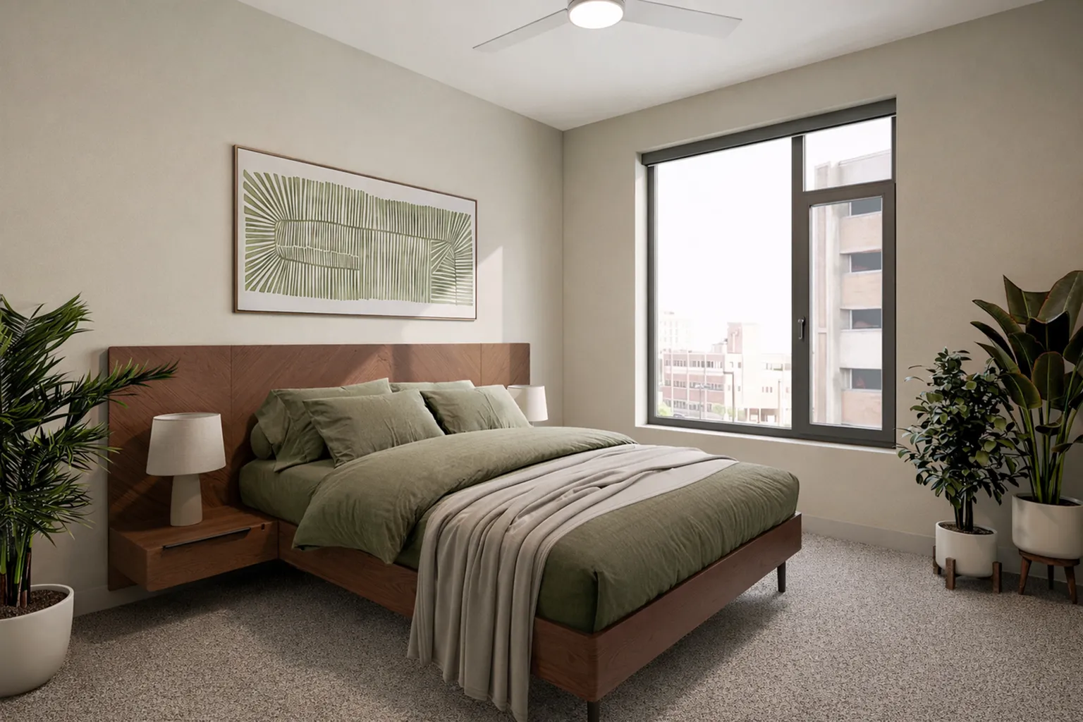 Bright and inviting bedroom with modern decor, featuring a cozy bed with green bedding, large window for ample natural light, and lush indoor plants enhancing tranquility.