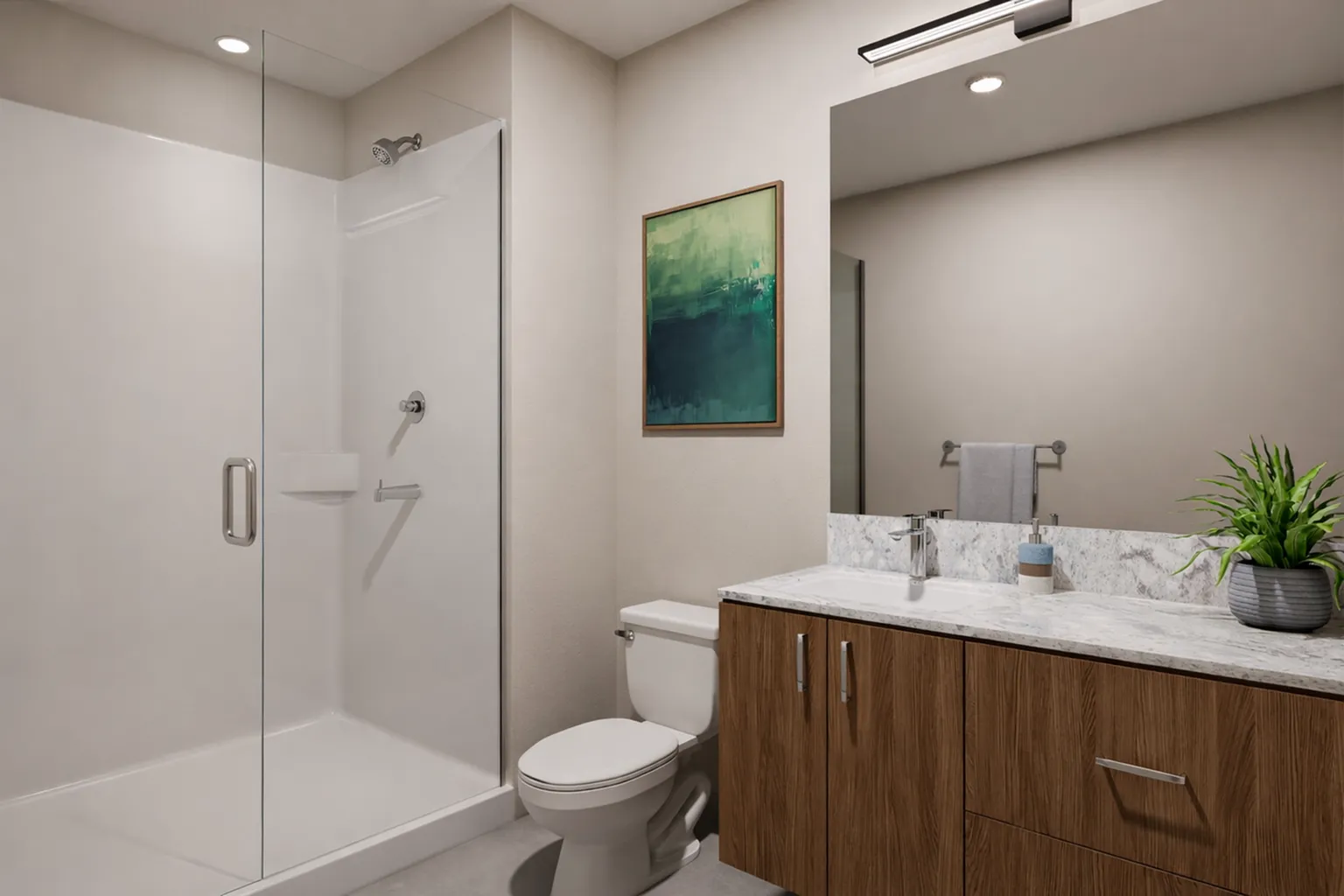 Elegant modern bathroom featuring a spacious glass-enclosed shower, sleek wooden vanity with marble countertop, and stylish wall art, creating a serene oasis.