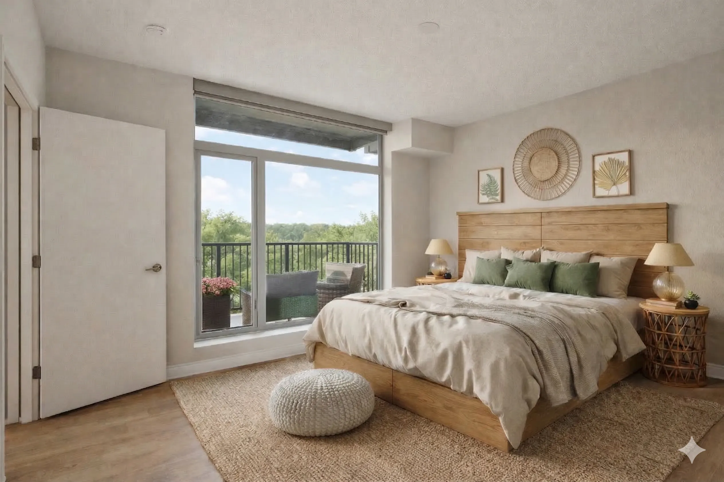 Inviting bedroom with large windows overlooking a lush green view, featuring elegant decor, a cozy bed, and access to a serene balcony.
