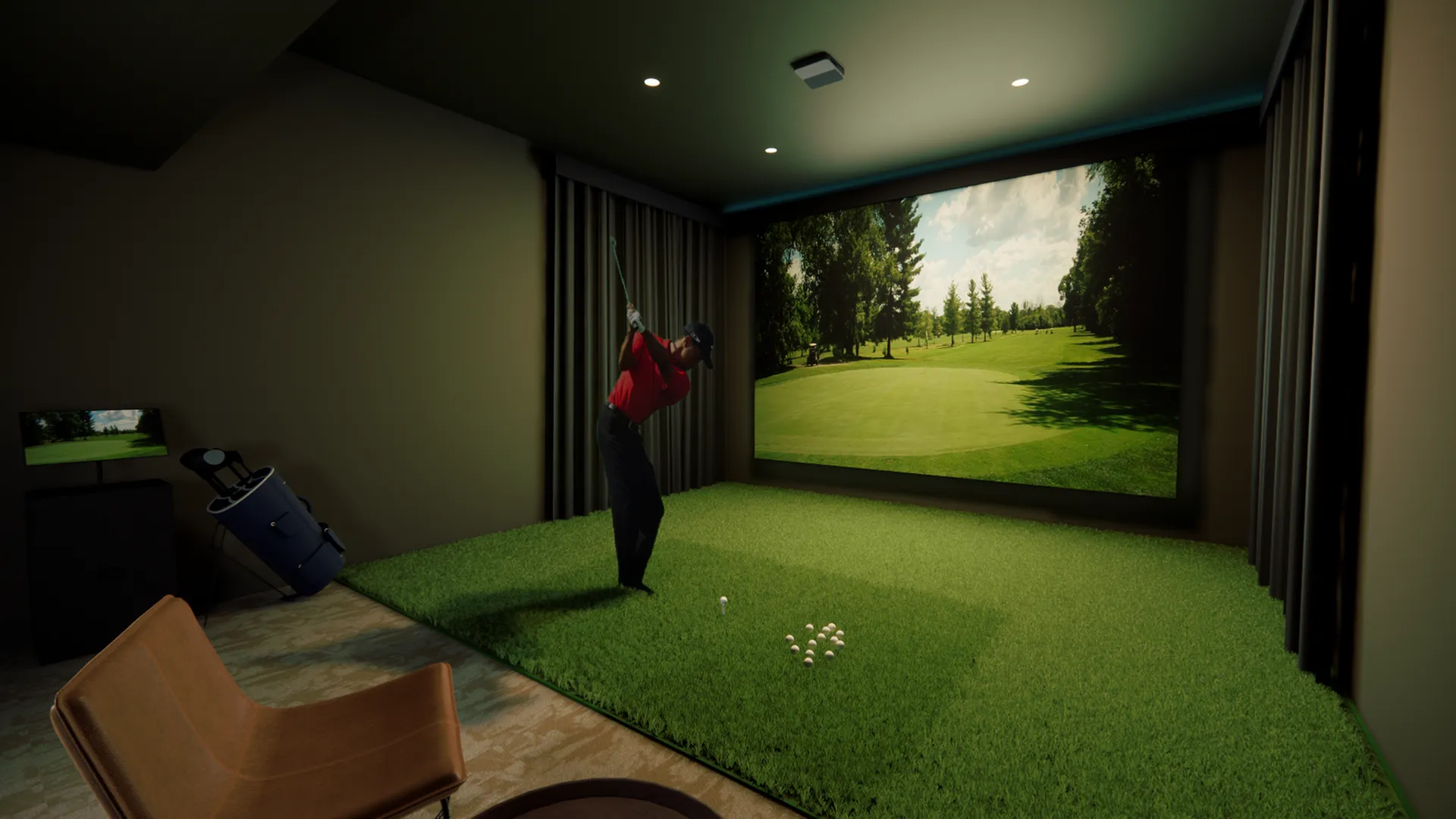Luxurious home golf simulator room featuring a spacious green practice area and state-of-the-art projection screen.