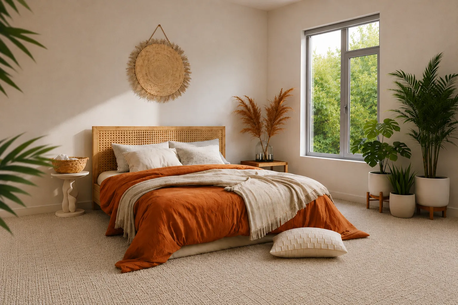 Inviting bedroom with a cozy orange and beige theme, featuring a stylish rattan headboard, lush greenery, and ample natural light.