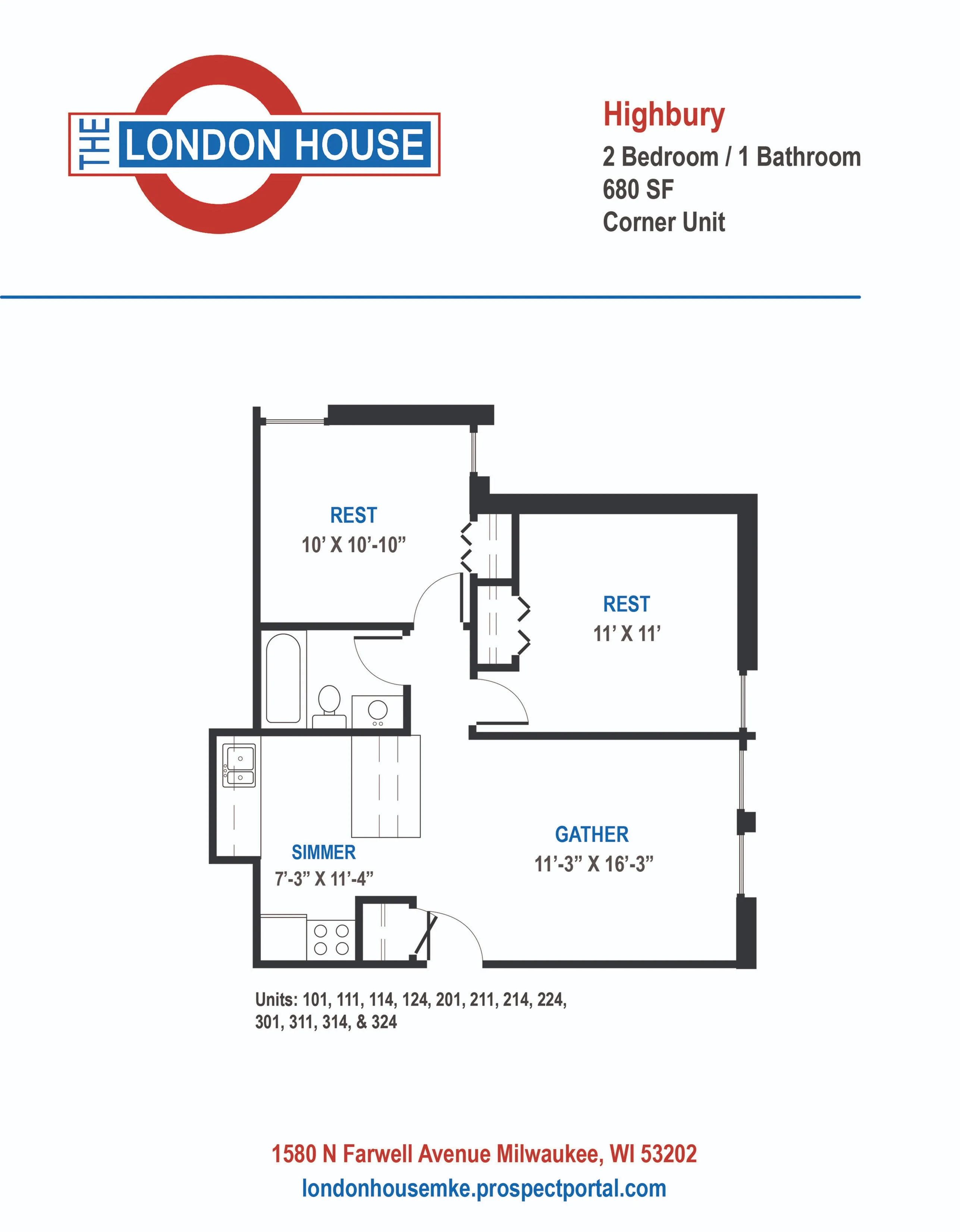 Highbury - 2 Bed / 1 Bath - 680 SF