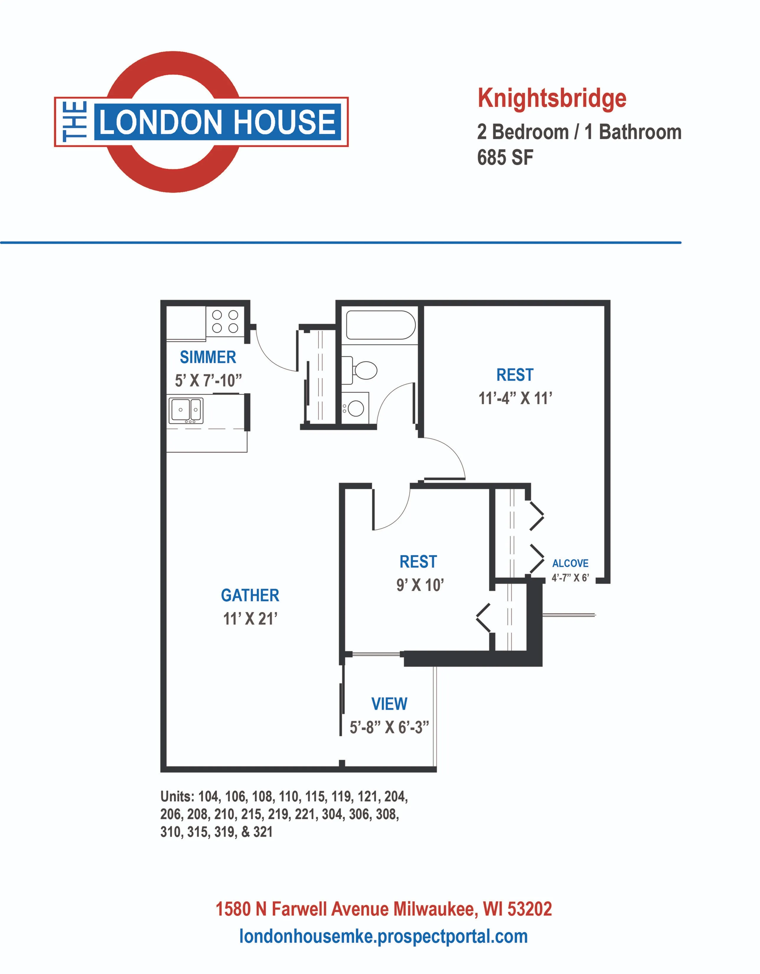 Knightsbridge - 2 Bed / 1 Bath - 685 SF