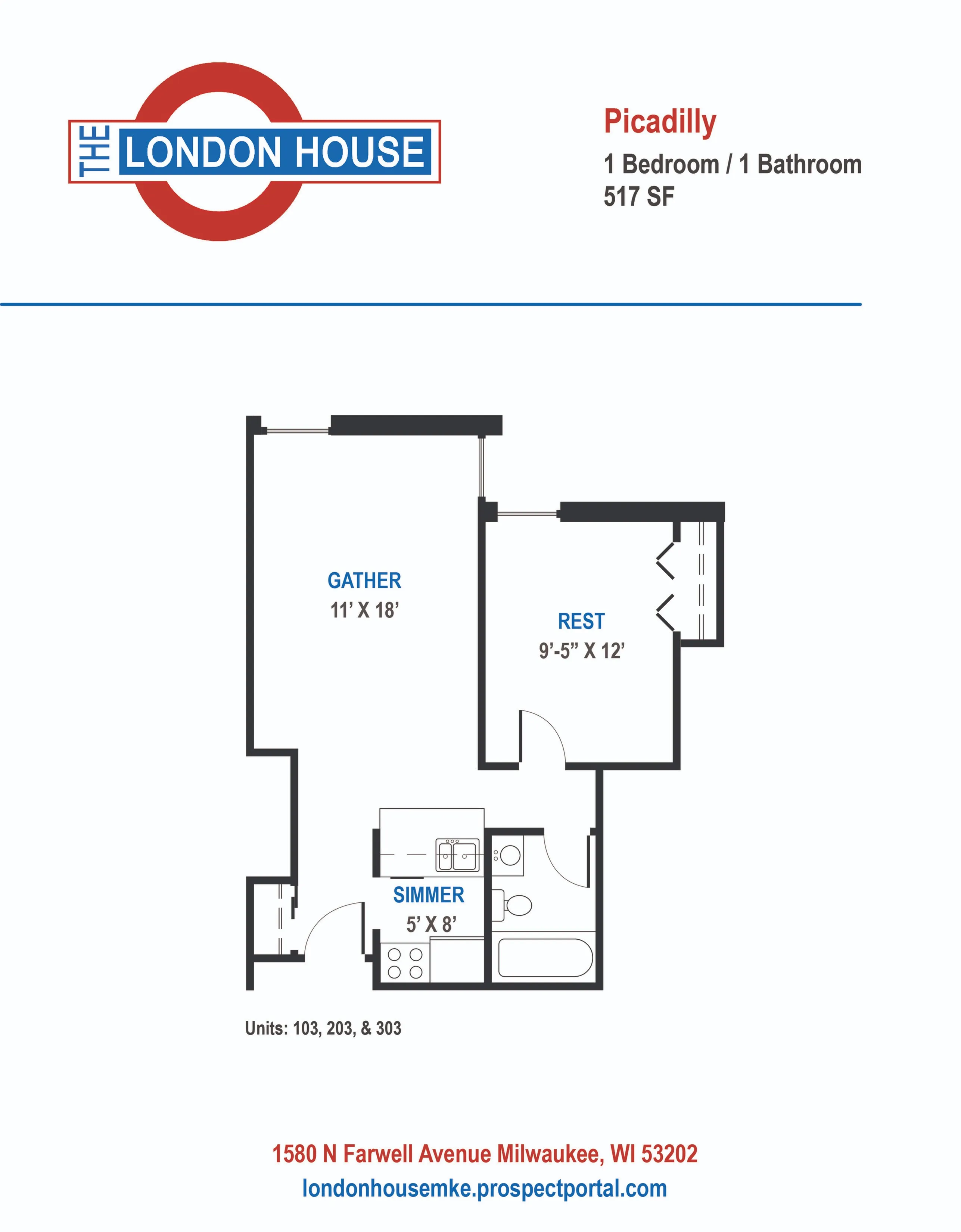 Picadilly - 1 Bed / 1 Bath - 517 SF