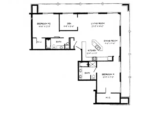 2 Bed + Den / 2 Bath Penthouse - 1,509 SF
