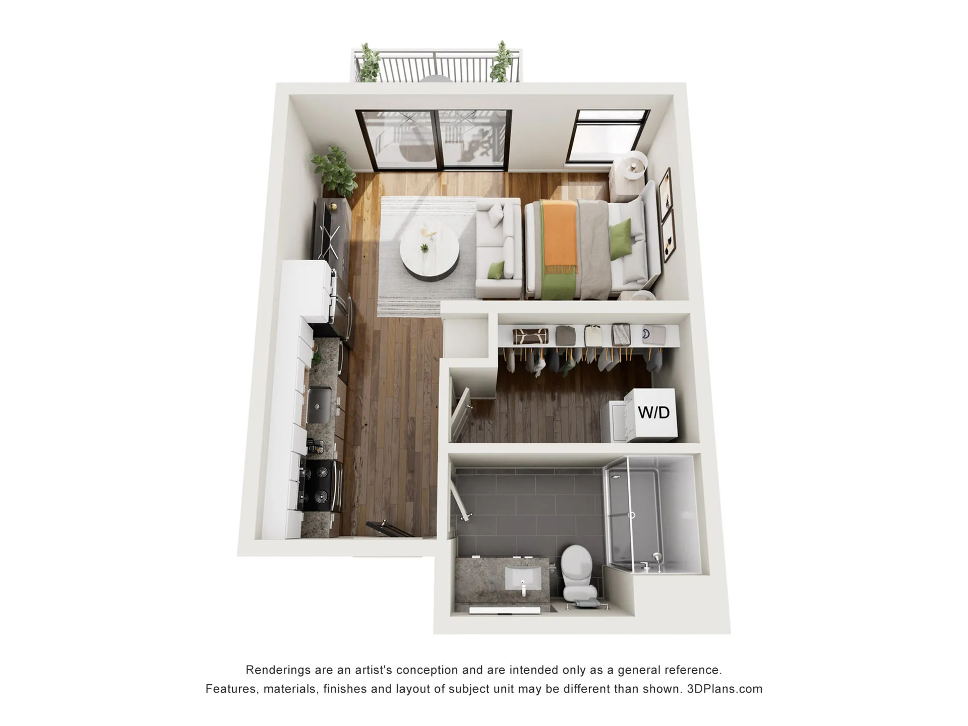 Modern apartment layout featuring one bedroom, open-concept living space with stylish kitchen, cozy lounge area, and private balcony access.